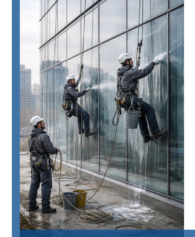 Промышленная мойка панорамных окон на высоте в Прохладном