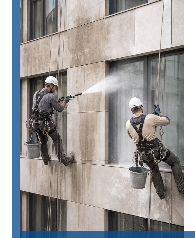 Послестроительная мойка фасада промышленным альпинизмом в Прохладном