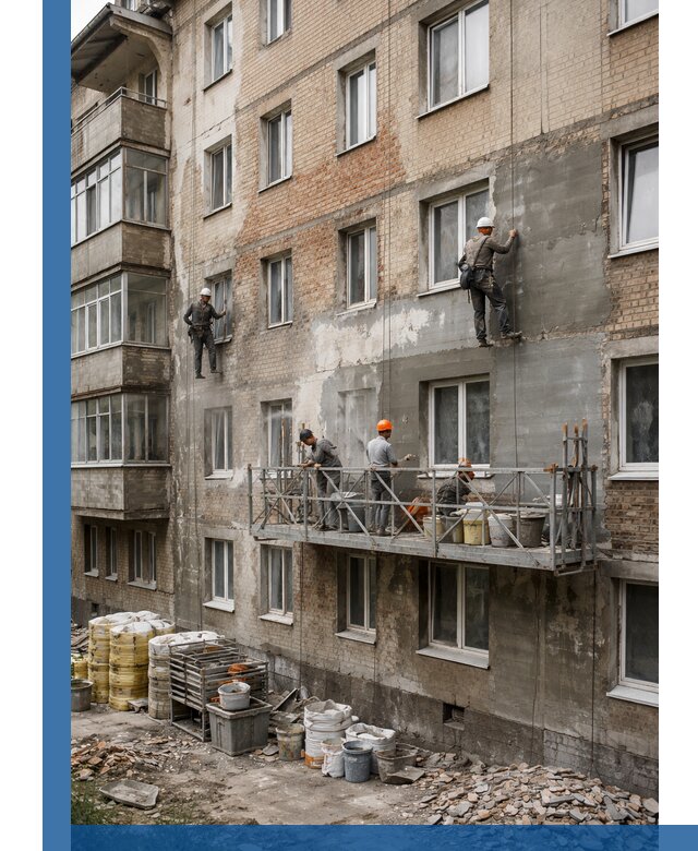 Капитальный ремонт фасада в Прохладном с восстановлением и гидроизоляцией