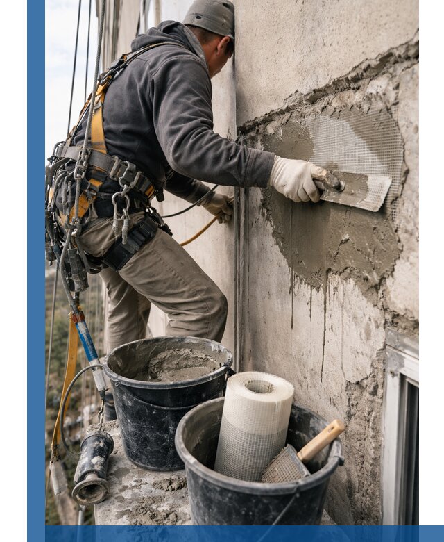 Ремонт бетонных элементов фасада промышленными альпинистами в Прохладном