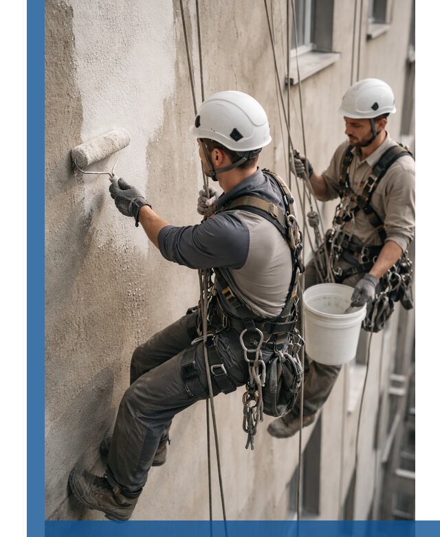 Грунтовка фасада на высоте в Прохладном промышленными альпинистами