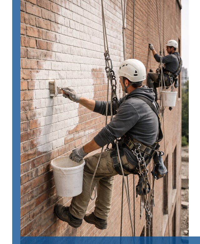 Покраска кирпичного фасада с доступным альпинистским сервисом в Прохладном