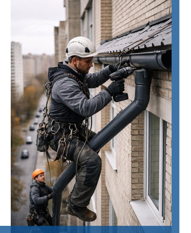 Монтаж водосточной системы на здании в Прохладном от 5417 р. | ВЫСОТНИК-Прх