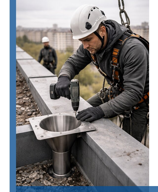 Монтаж водосточных воронок в Прохладном для промышленных зданий