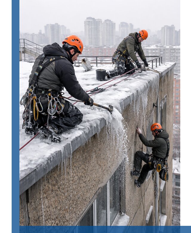 Удаление наледи с кровли в Прохладном промышленными альпинистами