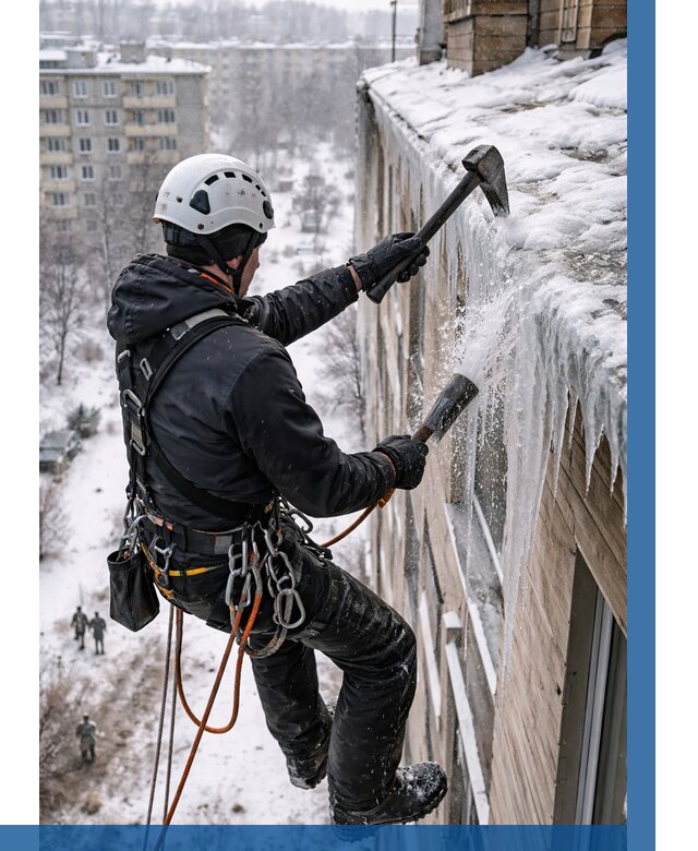 Сбивание сосулек с крыши в Прохладном по цене от 4875 р. | ВЫСОТНИК-Прх