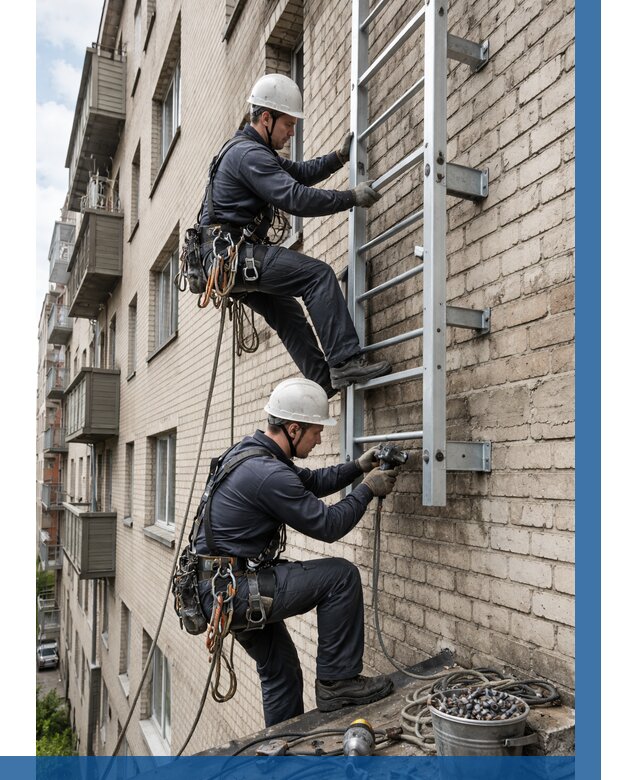 Монтаж пожарной лестницы в Прохладном от 27083 р заказать у ВЫСОТНИК-Прх