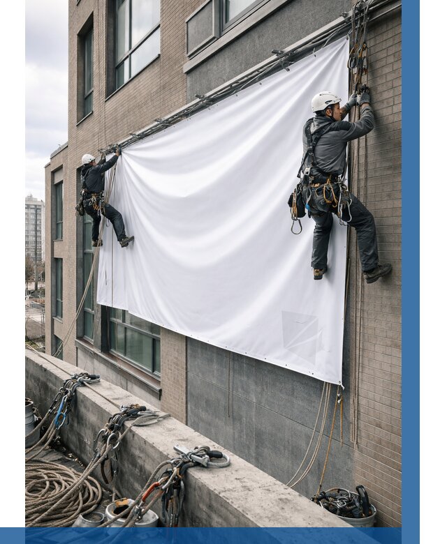 Монтаж баннеров на фасаде в Прохладном от 704 р. заказать ВЫСОТНИК-Прх