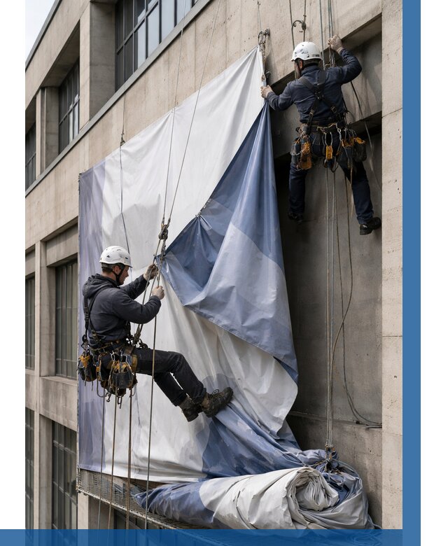 Демонтаж баннеров с фасада в Прохладном от 4875 р. | ВЫСОТНИК-Прх