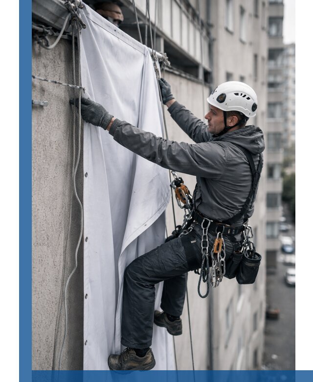 Замена баннерного полотна промышленными альпинистами в Прохладном