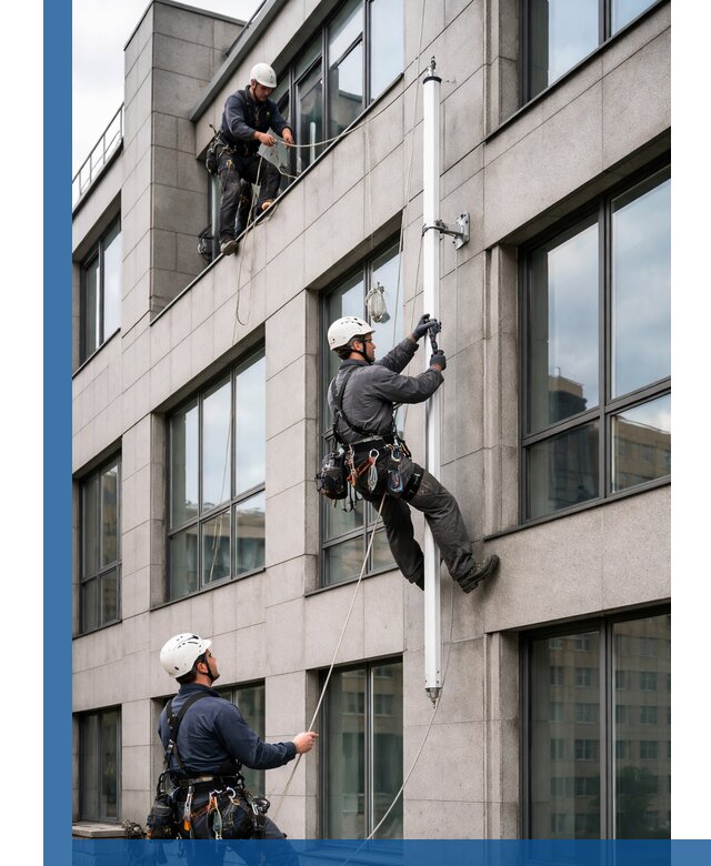 Монтаж флагштока на фасаде здания с креплением и герметикой в Прохладном