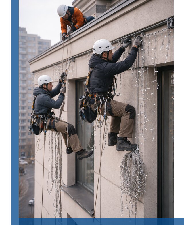 Монтаж праздничных гирлянд на фасаде в Прохладном для зданий