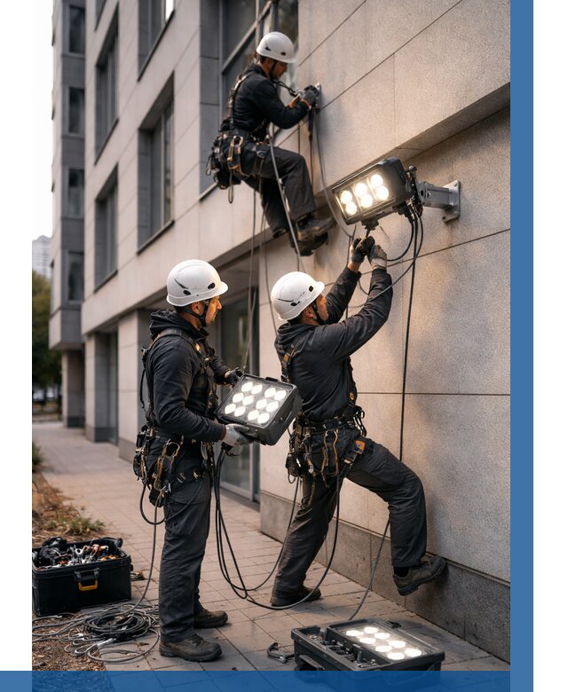 Монтаж прожекторов на фасаде в Прохладном от 8125 р. | ВЫСОТНИК-Прх