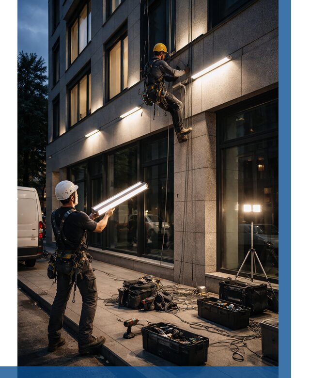 Монтаж архитектурной подсветки здания в Прохладном от 2708 р.|ВЫСОТНИК-Прх