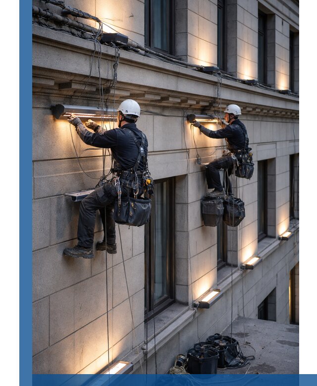 Монтаж архитектурной подсветки фасадов зданий в Прохладном