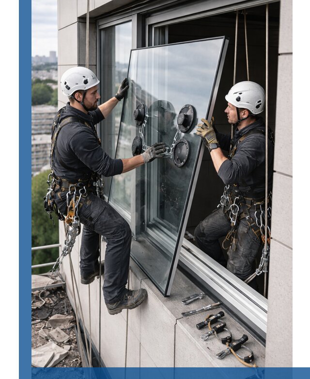 Замена стеклопакетов на высоте с промышленными альпинистами в Прохладном