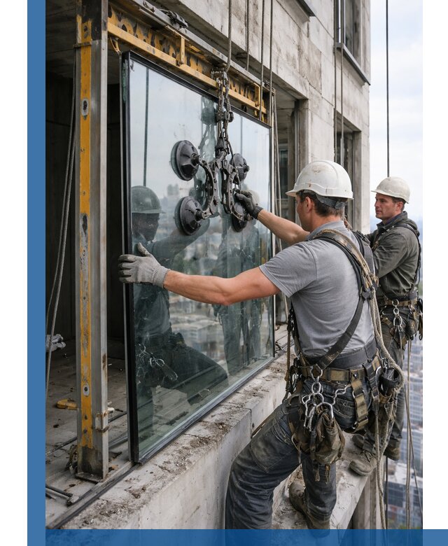 Монтаж стеклопакетов на высоте в Прохладном с промышленным альпинизмом