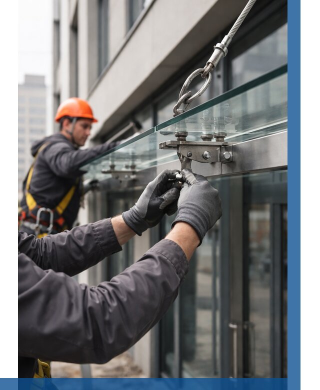 Монтаж стеклянных козырьков в Прохладном от 9208 р. | ВЫСОТНИК-Прх