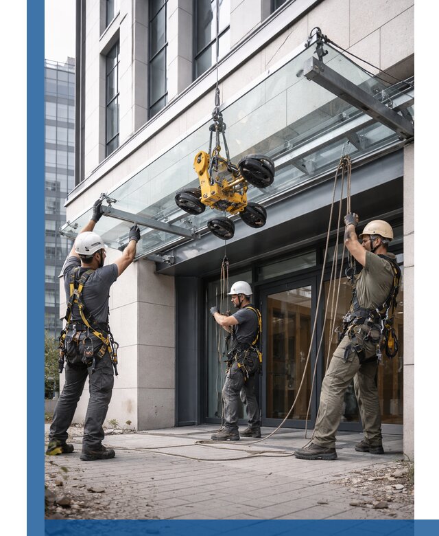 Монтаж стеклянных козырьков под ключ в Прохладном для зданий