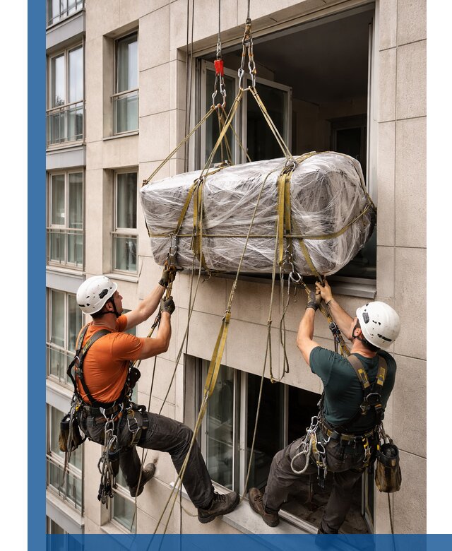 Подъем грузов через окно в Прохладном промышленными альпинистами