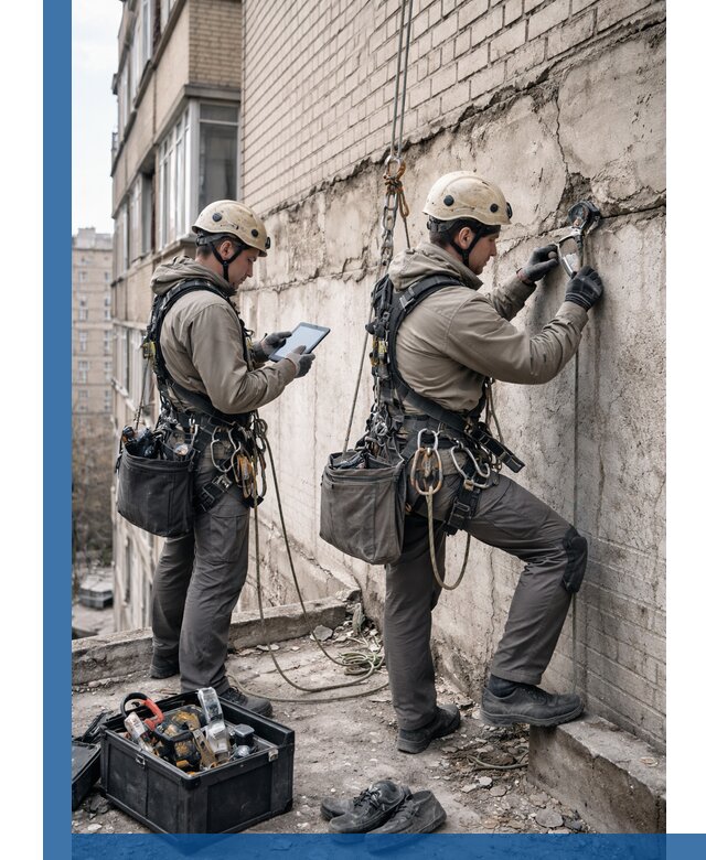 Обследование фасада промышленными альпинистами в Прохладном